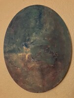Oval abstract image of dark greens, blues and purples. Paint is applied unevenly to the work, creating texture and movement.