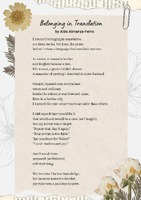 The image is a decorative page featuring a poem titled "Belonging in Translation" by Aída Almanza-Ferro. The background is a light, textured paper with floral designs at the corners.
