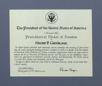 Photograph of Dr. Garcia's Presidential Medal of Freedom certificate. 