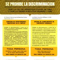 EEOC flyer informing Spanish speakers of their rights under the Civil Rights Act and Executive Order 11246. 