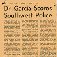 Photograph of Dr. Garcia speaking out against Southwest Police brutality in a newspaper article. 