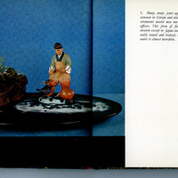 Page from a book showing a model of a fisherman beside a rock and plant arrangement, paired with text about historical cormorant fishing practices in Europe, Japan, and China.