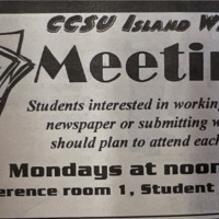 Island Waves - February 9, 1993, p. 2. Announcement title: CCSU Island Waves Meeting. This separate announcement is to remind that Island Waves staff is to meet every monday