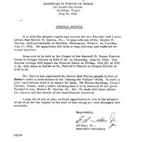 American GI Forum notice of Hector Jr.'s, Dr. Garcia's son, death. 