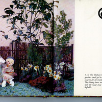 Spring garden scene with figurines of two children with rabbits, surrounded by daffodils and greenery.

Transcribed Text:

In this Hakata Ryu setting of a spring garden a small girl in a gay pink kimono holds a carrot for her brother's pet rabbit to nibble. The shining leaves make a pleasant contrast with the rough stone textures and the bright daffodils.