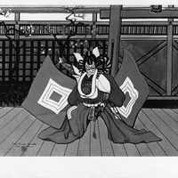 Kabuki performer in traditional attire on a wooden stage with a detailed background.