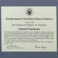 Photograph of Dr. Garcia's Presidential Medal of Freedom certificate. 