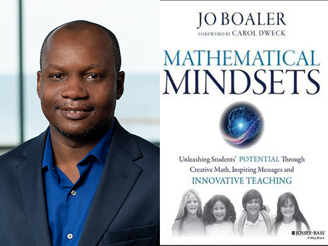 Headshot of James Dogbey on the left, cover art for Mathmatical Mindsets on the right