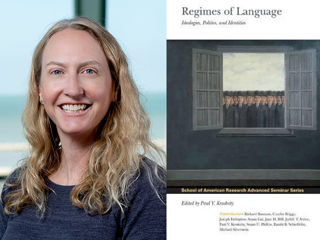 Headshot of Shannon Fitzsimmons-Doolan on one side and cover art for Regimes of Languages on the other