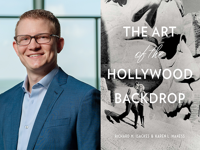 Headshot of Kevin Loeffler on one side, cover art of The Art of the Hollywood Backdrop on the other