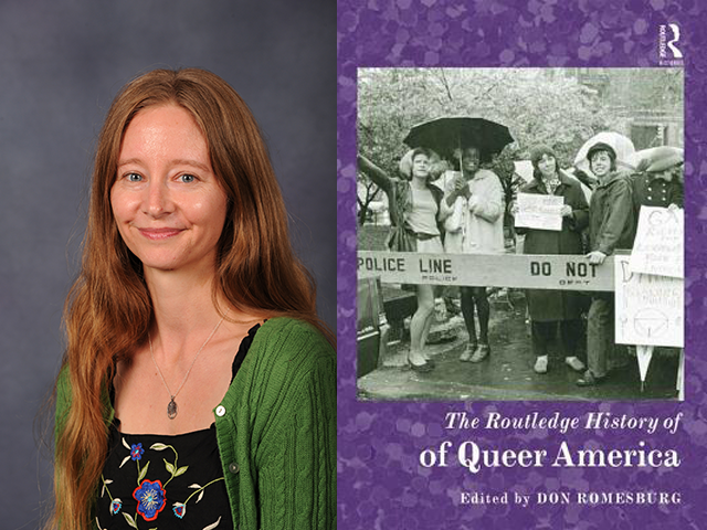 Headshot of Eliza Martin on the left, cover art for The Routledge History of Queer America on the right