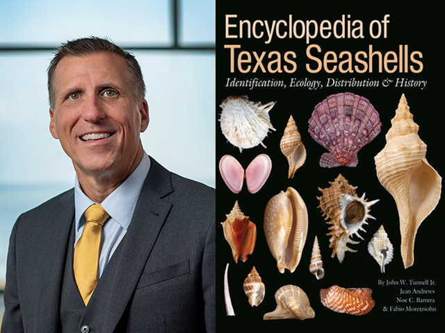 Headshot of Mark McNamara on the left, cover art for Encyclopedia of Texas Seashells on the right