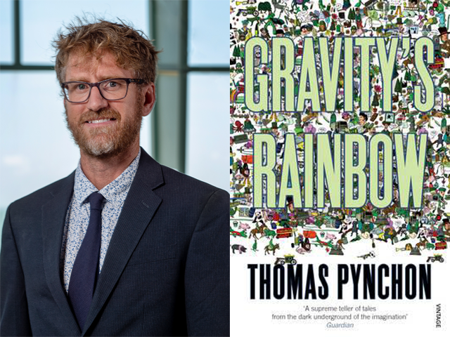 Headshot of Dale Pattison on the left and cover art for Gravity's Rainbow on the right