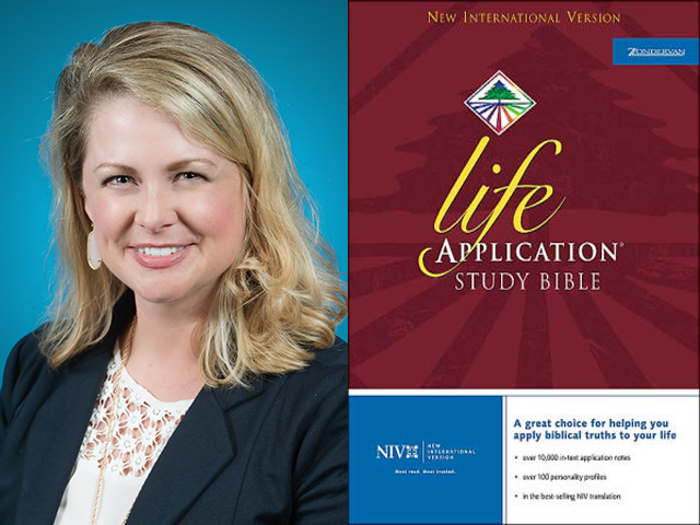 Headshot of Jessica Peck on the left, cover art for Life Application Study Bible, New International Version on the right