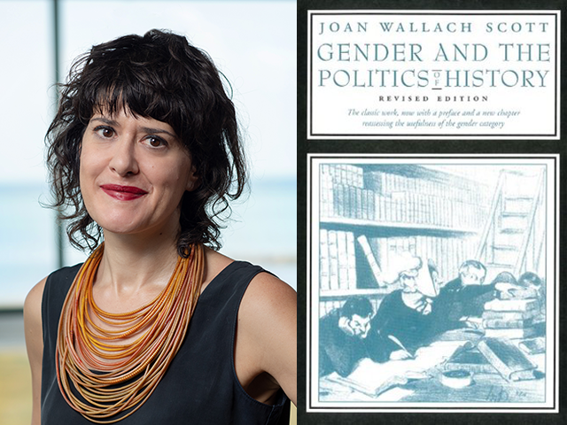Headshot of Sandrine Sanos on the left, cover art for Gender and Politics of History on the left
