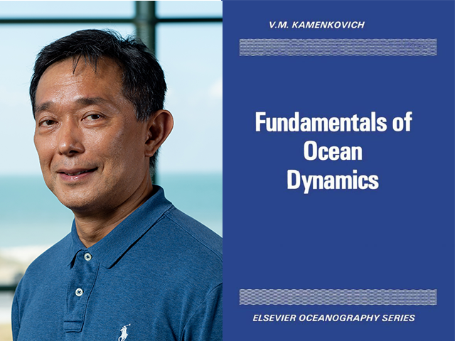Headshot of Toshiaki Shinoda on the left, cover art for Fundamentals of Ocean Dynamics on the rights