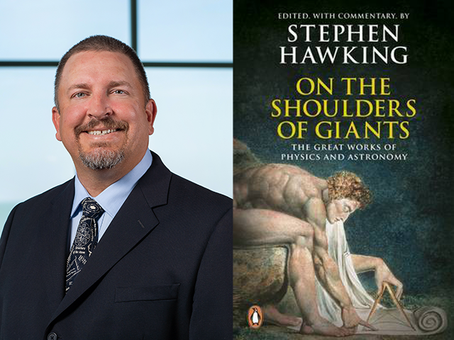 Heashot of Jeff Spirko on the left, cover image of On the Shoulders of Giants on the right