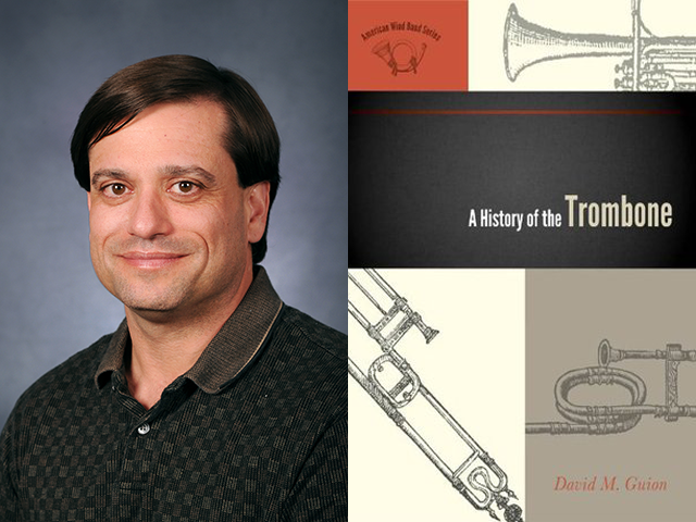 Headshot of Brian Thacker on the left, cover art for A History of the Trombone on the right