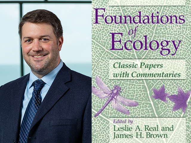 headshot of Benjamin Walther on the left, cover art for Foundations of Ecology on the right