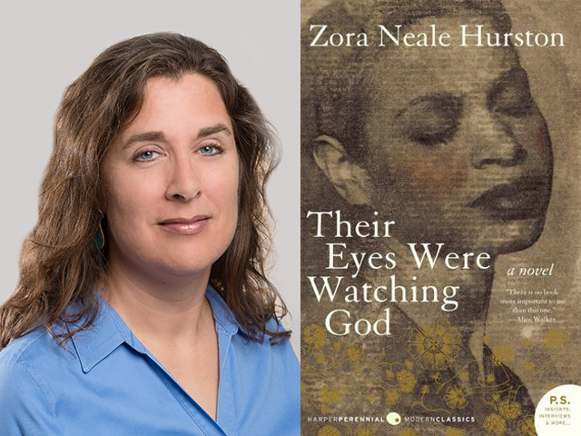 Headshot of Susan Wolff Murphy on the left, cover art for Their Eyes Were Watching God on the right