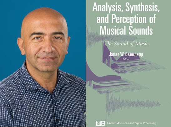 Celil Ekici's portrait with the book cover of Analysis, Synthesis, and Perception of Musical Sounds