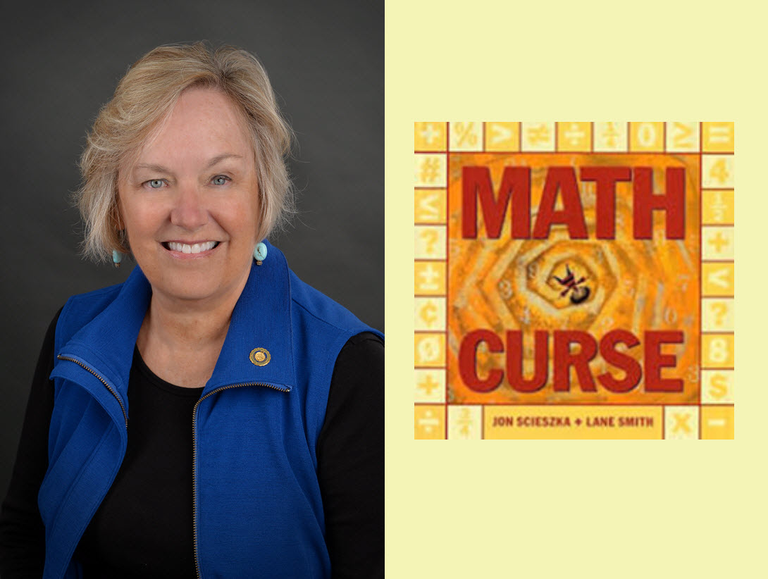 Faye Bruun's portrait with the book cover from Math Curse