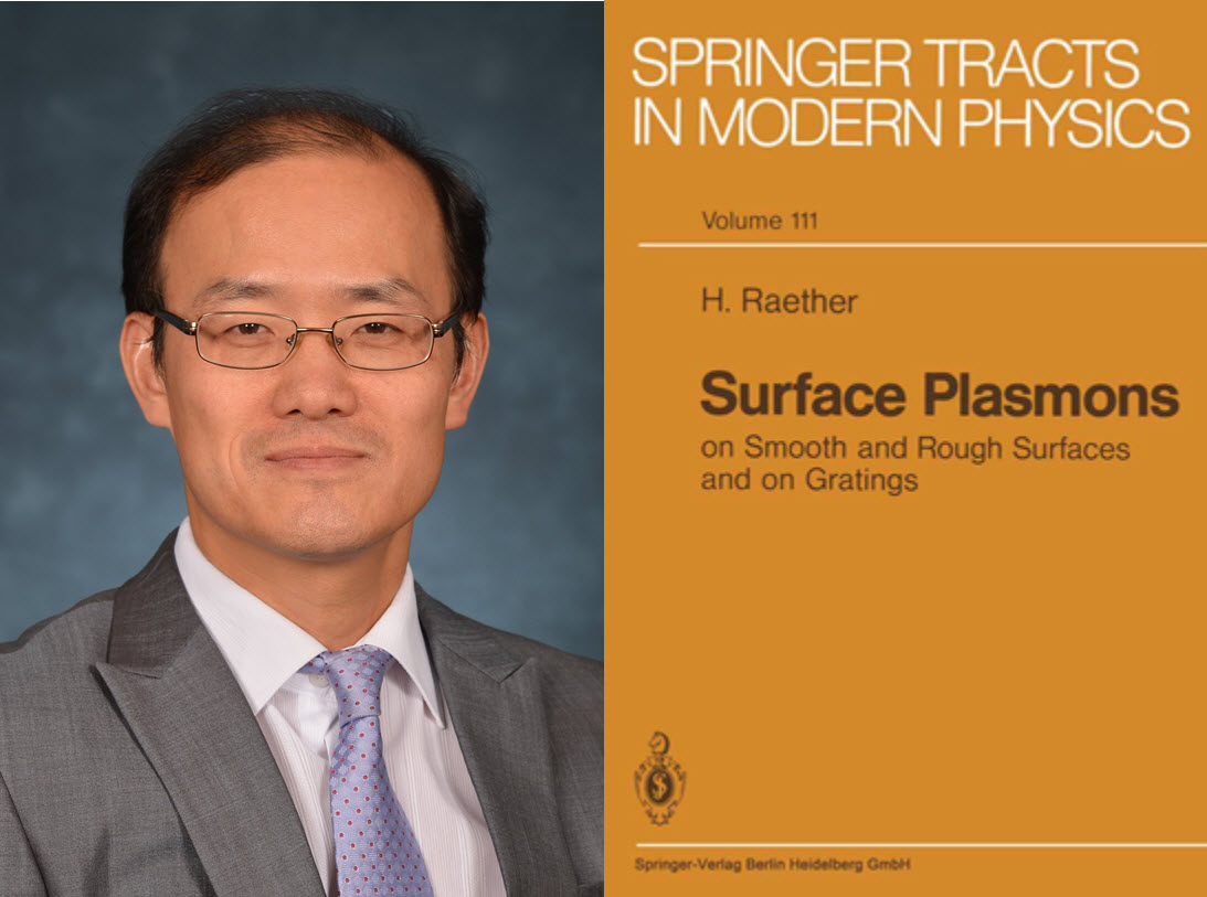 Isaac Kim's portrait with the book cover from Surface Plasmons on Smooth and Rough Surfaces and on Gratings