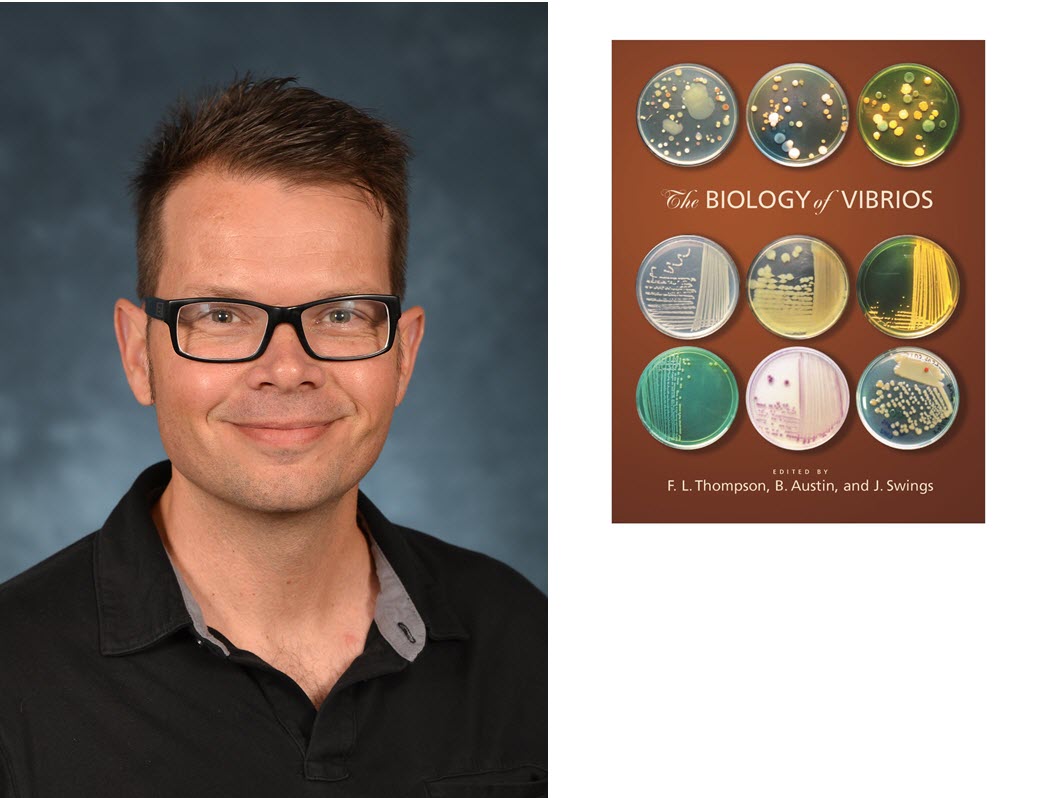Jeffrey Turner's portrait with the book cover from The Biology of Vibrios