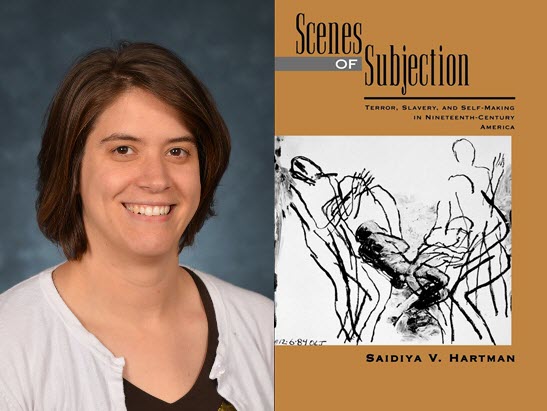Kelly Bezio's portrait with the book cover from Scenes of Subjection