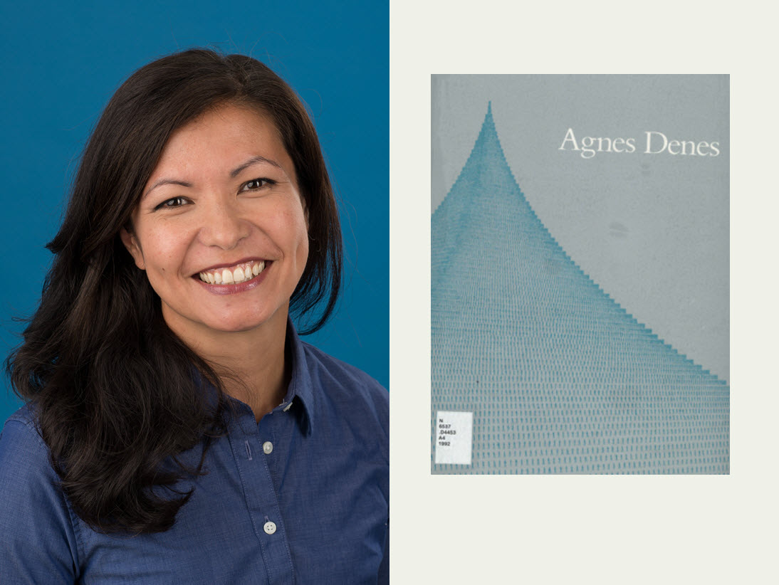 Leticia Bajuyo's portrait with the book cover from Agnes Denes