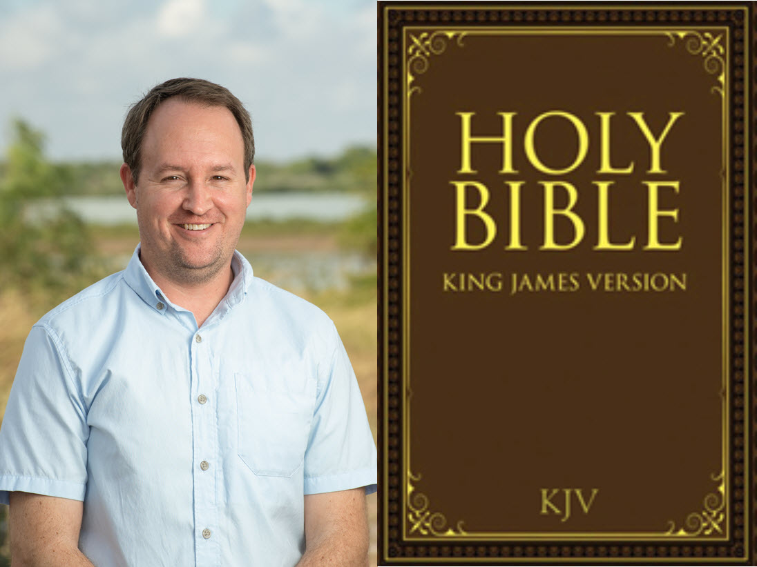 Michael Wetz's portrait with the book cover from the King James Bible