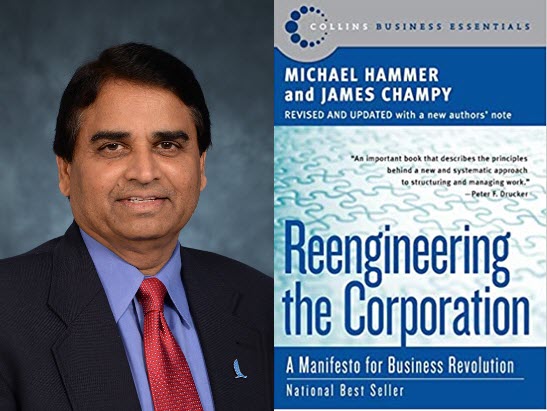 Mohan Rao's portrait with the book cover from Reengineering the Corporation 