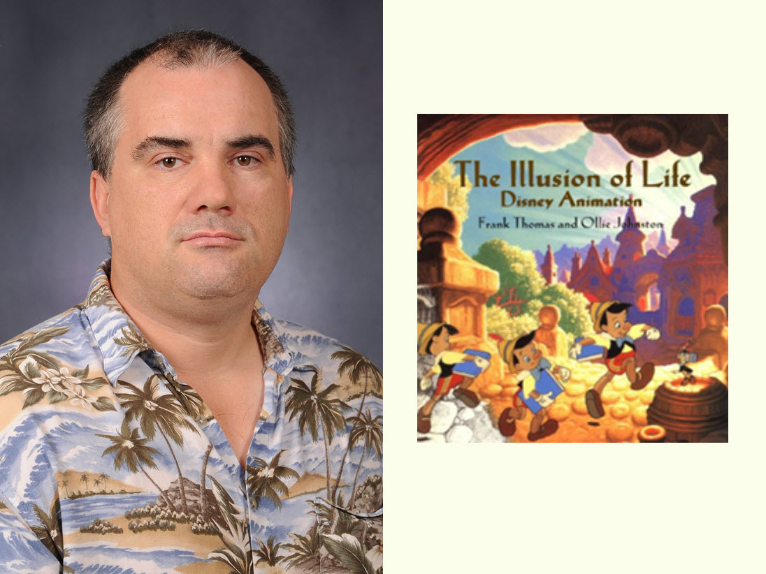 Scott King's portrait with the book cover from The Illusion of Life: Disney Animation