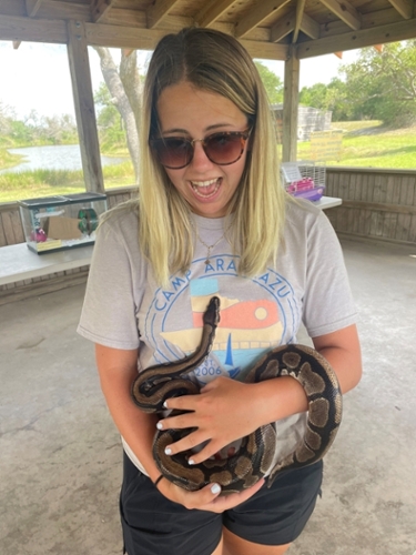 Rachel Weaver '22, holds a snake at Camp Aranzazu