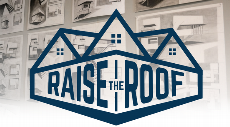 Raise+the+Roof+in+house+structed+art+work+in+front+of+a+photo+of+a+wall+filled+with+architecture+imagery.