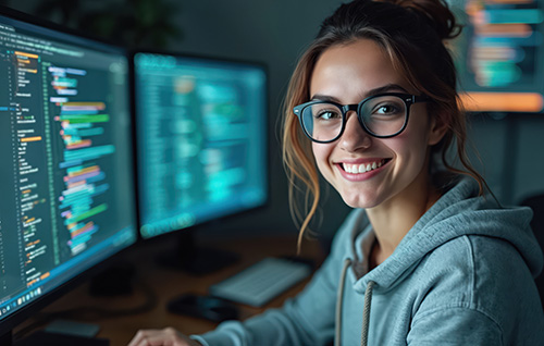 Female computer scientist sitting at a computer