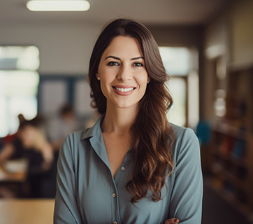 Image of a teacher with students working behind.