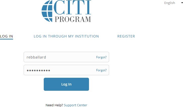 Screenshot of CITI login screen