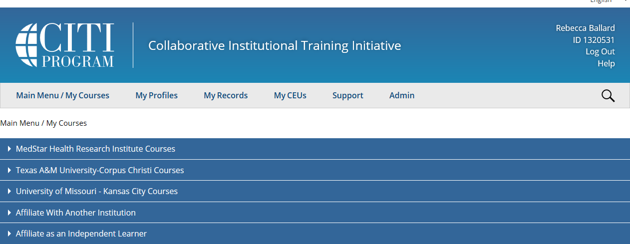 Screenshot of CITI course list by institution