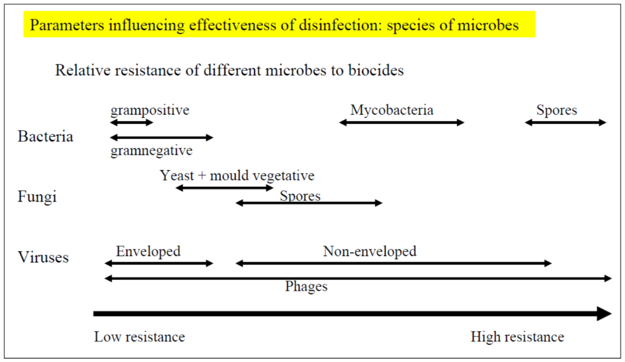 parameters influencing effectiveness of disinfection: species of microbes