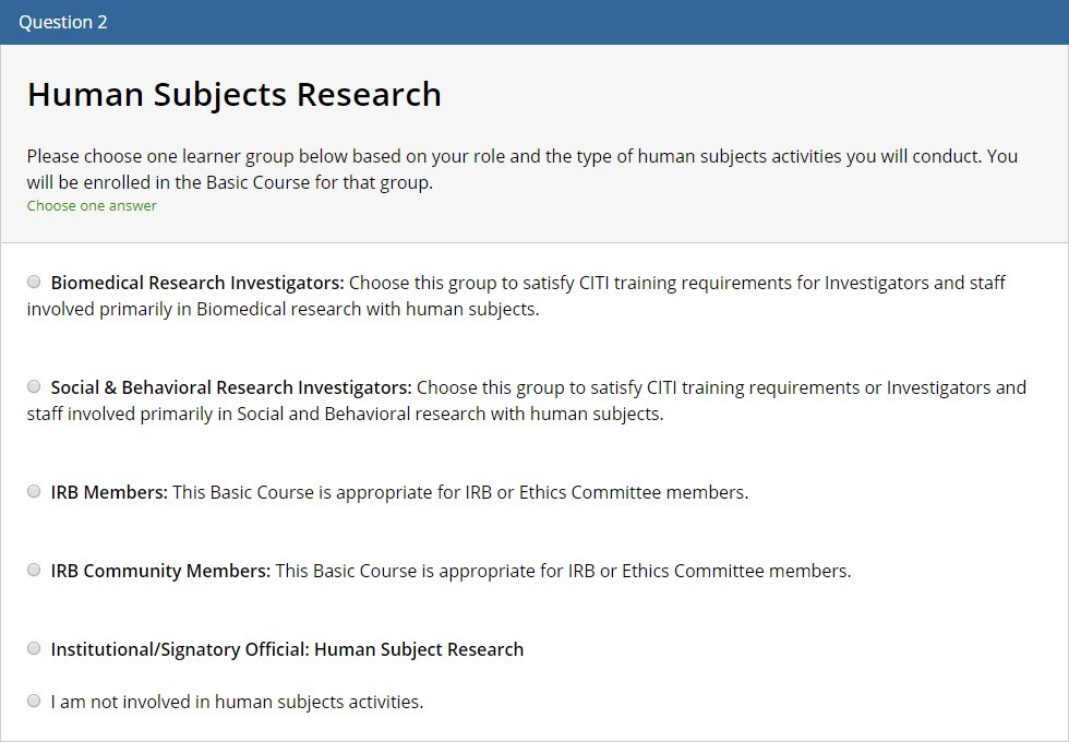 Screenshot of CITI Question 2 - Human Subjects Research