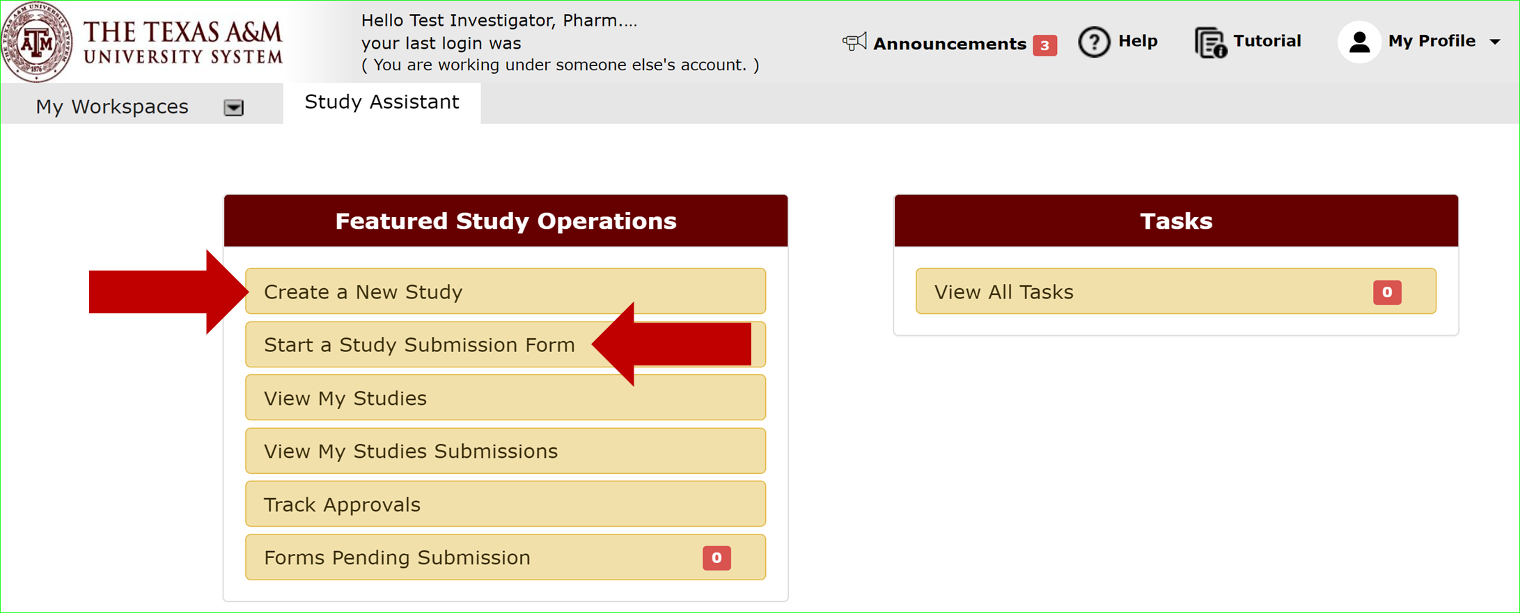 Image with arrows pointing to different areas on screenshot of iRIS portal - "Create a New Study" and "Start a Study Submission Form"