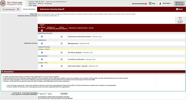 Screenshot of iRIS PI Attestation Page