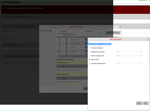 Screenshot from iRIS - adding personnel role for administrative staff.