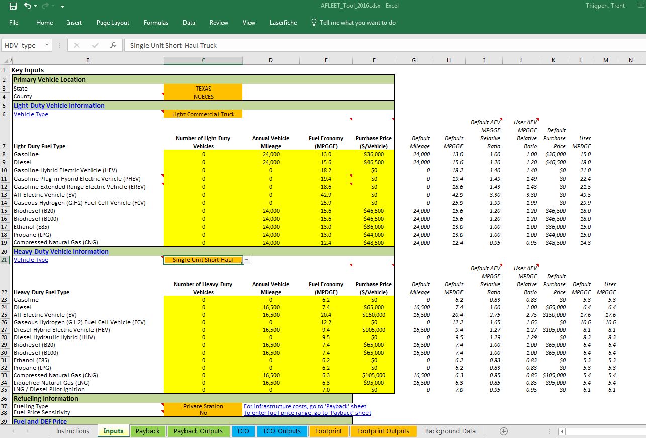screen shot of the AFLEET Excel workbook