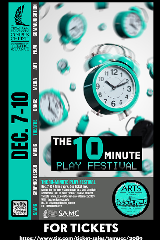 Promotional poster for Texas A&M University-Corpus Christi Department of Theatre & Dance. The design features the university logo above large blue and green text reading 'Theatre & Dance on the Island.' An illustration of a cable-stayed bridge, palm trees, birds, and a waterfront building appears below. Text at the bottom reads 'Arts on the Island 2026-2027' and 'Create. Perform. Inspire.