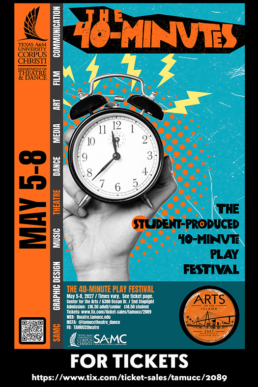 Promotional poster for Texas A&M University-Corpus Christi Department of Theatre & Dance. The design features the university logo above large blue and green text reading 'Theatre & Dance on the Island.' An illustration of a cable-stayed bridge, palm trees, birds, and a waterfront building appears below. Text at the bottom reads 'Arts on the Island 2026-2027' and 'Create. Perform. Inspire.