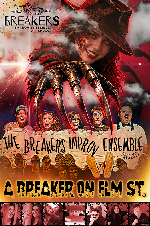 Promotional poster for Texas A&M University-Corpus Christi Department of Theatre & Dance. The design features the university logo above large blue and green text reading 'Theatre & Dance on the Island.' An illustration of a cable-stayed bridge, palm trees, birds, and a waterfront building appears below. Text at the bottom reads 'Arts on the Island 2026-2027' and 'Create. Perform. Inspire.