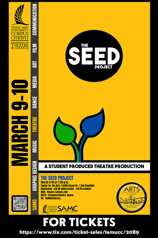 Promotional poster for Texas A&M University-Corpus Christi Department of Theatre & Dance. The design features the university logo above large blue and green text reading 'Theatre & Dance on the Island.' An illustration of a cable-stayed bridge, palm trees, birds, and a waterfront building appears below. Text at the bottom reads 'Arts on the Island 2026-2027' and 'Create. Perform. Inspire.